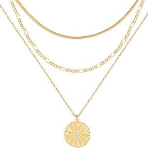 Gold Layered Necklace Women Girls Sunburst Dainty Chain Jewelry Gift